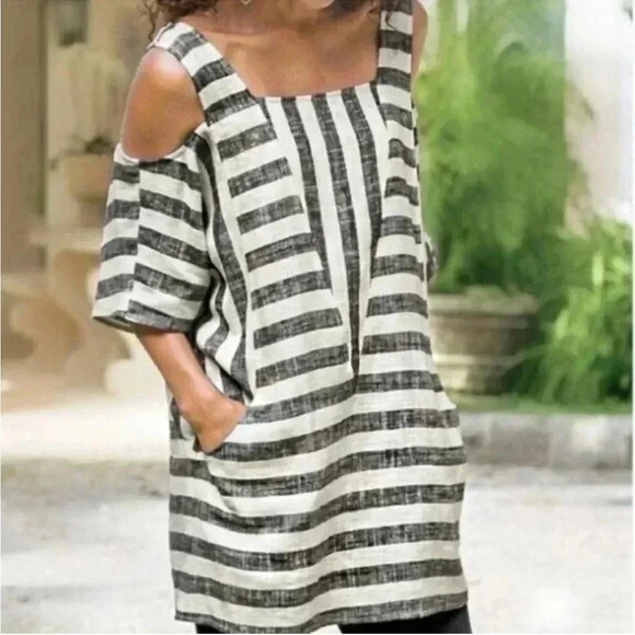 Soft Surroundings Sunset Stripe Linen Tunic Top Size Medium - Picture 1 of 9